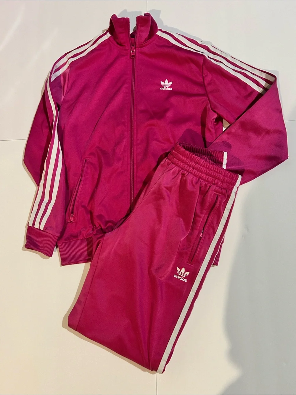 adidas Fuchsia Pink Three-Stripe Track Jacket and Pants Set